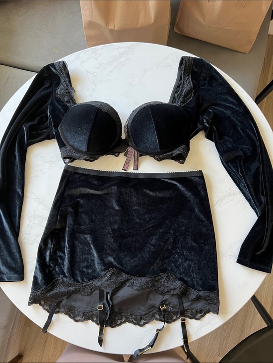 Victoria's Secret Other - Victoria's Secret Black Velvet Lace-Trim Bra & Garter Skirt Set